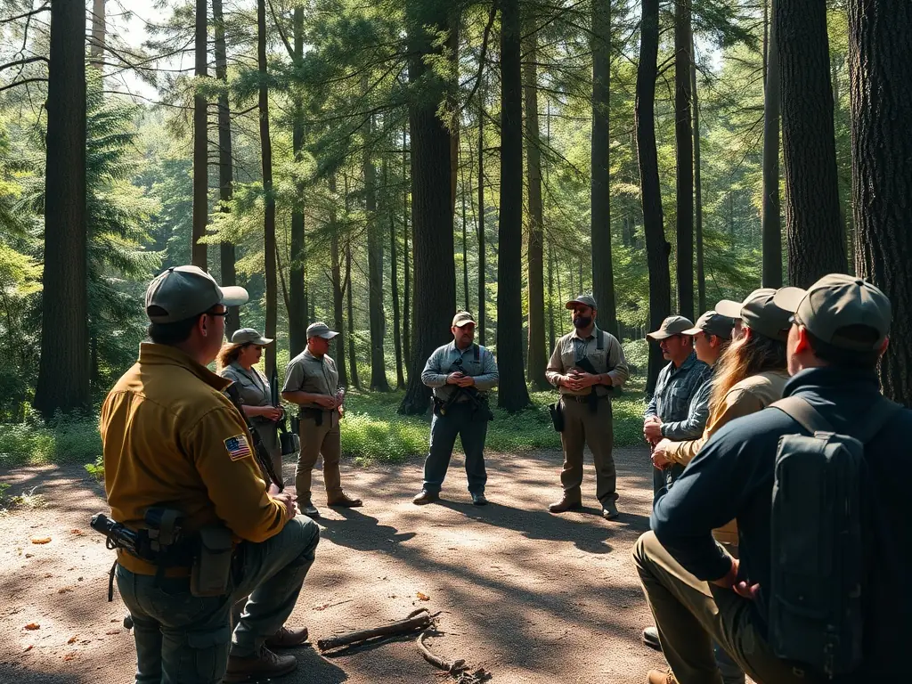 A photograph capturing a group of hunters participating in a SOCIETE DE CHASSE DE FONTCLAIREAU training session on responsible hunting practices, set against a backdrop of a lush forest.