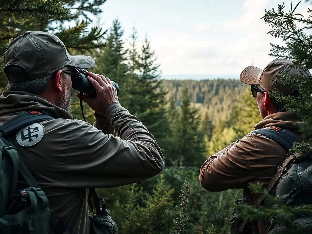 SOCIETE DE CHASSE DE FONTCLAIREAU members conducting a wildlife survey, using binoculars and tracking equipment to monitor animal populations and assess the health of the local ecosystem.