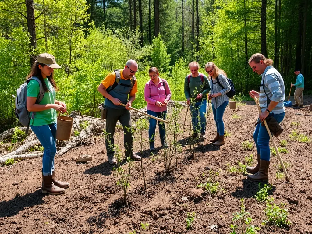 A group of SOCIETE DE CHASSE DE FONTCLAIREAU members participating in a habitat restoration project, planting native trees and shrubs to enhance biodiversity in a local forest area.