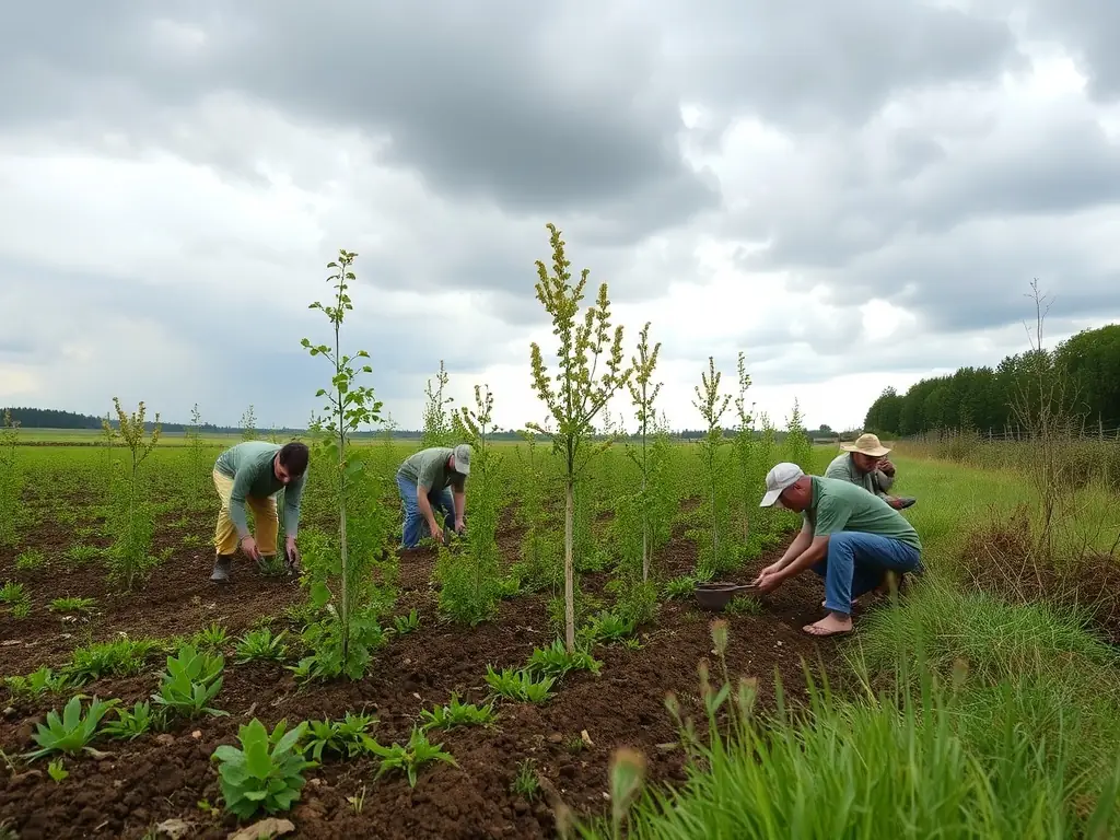 A scenic image of a SOCIETE DE CHASSE DE FONTCLAIREAU member participating in a habitat restoration project, planting trees and clearing invasive species in a rural area.