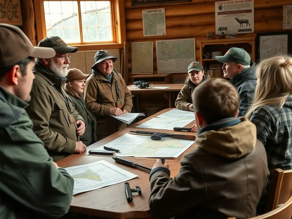 A SOCIETE DE CHASSE DE FONTCLAIREAU educational workshop in session, with instructors teaching participants about responsible hunting practices, wildlife conservation, and environmental stewardship.