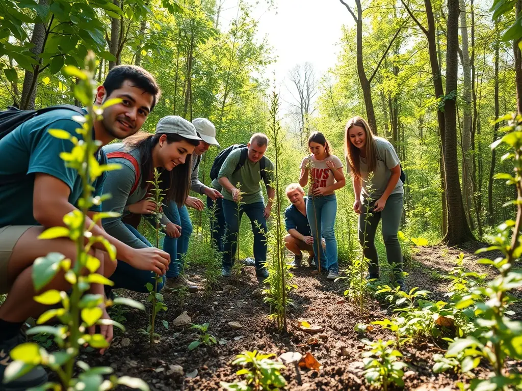 A group of SOCIETE DE CHASSE DE FONTCLAIREAU members participating in a habitat restoration project, planting native trees and shrubs to enhance biodiversity in a local forest area.