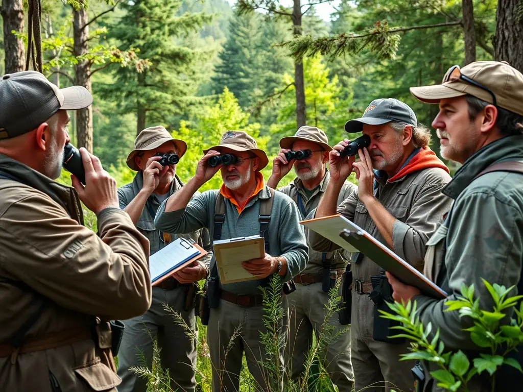 A photograph of SOCIETE DE CHASSE DE FONTCLAIREAU members conducting a wildlife survey, collecting data on local animal populations and their habitats.