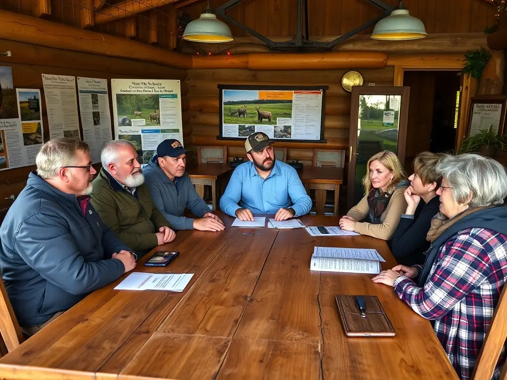 A SOCIETE DE CHASSE DE FONTCLAIREAU educational workshop, with an instructor demonstrating responsible hunting practices and discussing wildlife management techniques with attendees.